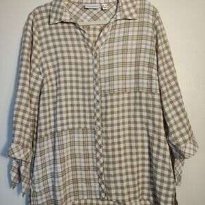 Susan Graver Yarn Dye Gingham Button-Up Tunic Hi-Low Tan White Size  Medium